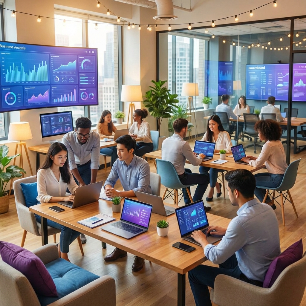 Students collaborating in a modern tech environment